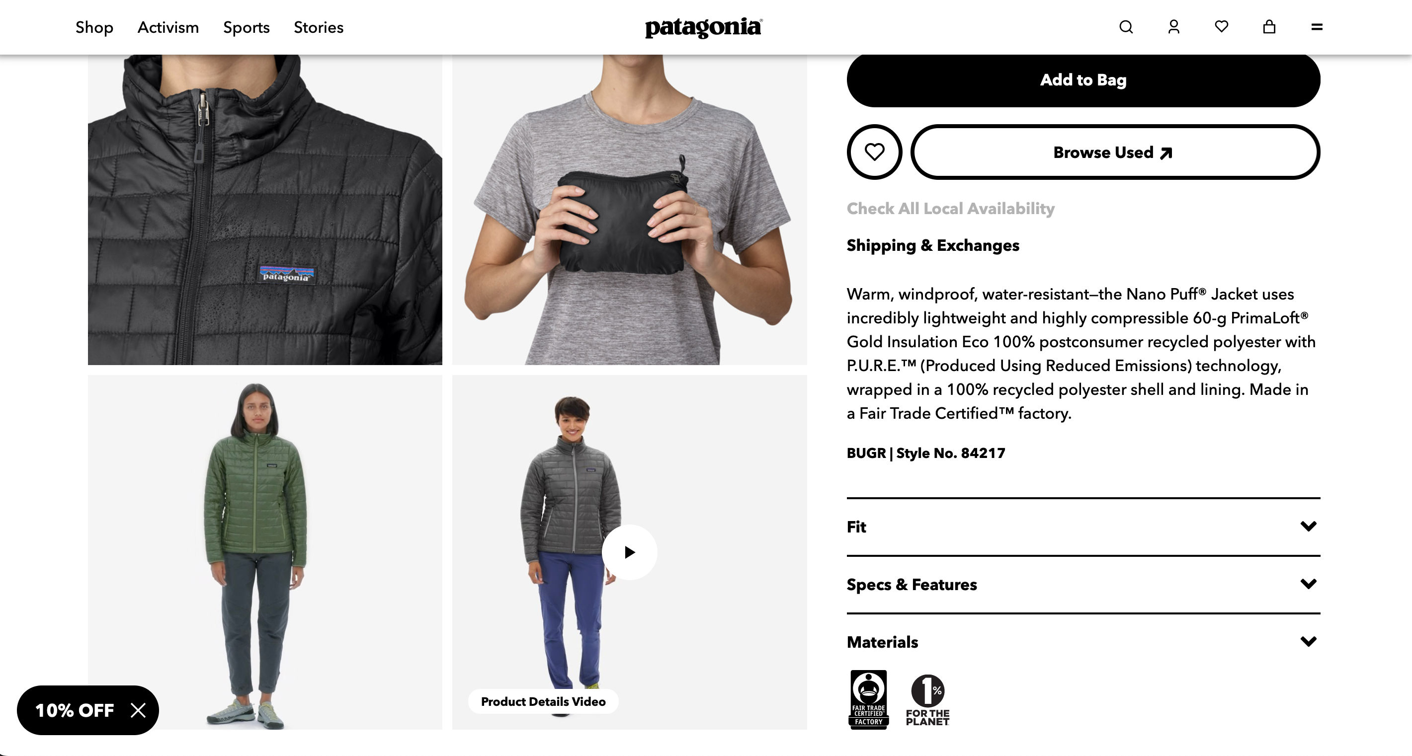 A product page for a jacket on the Patagonia website. On the left are the product photos, and on the right is the product description and a series of accordions with extra information.